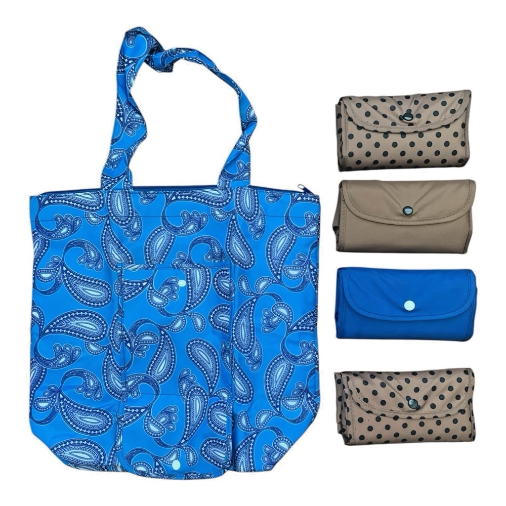 Unbranded Folding‎ Reusable Tote Bag Set Paisley Polka Dot Blue Tan 5 Piece Set